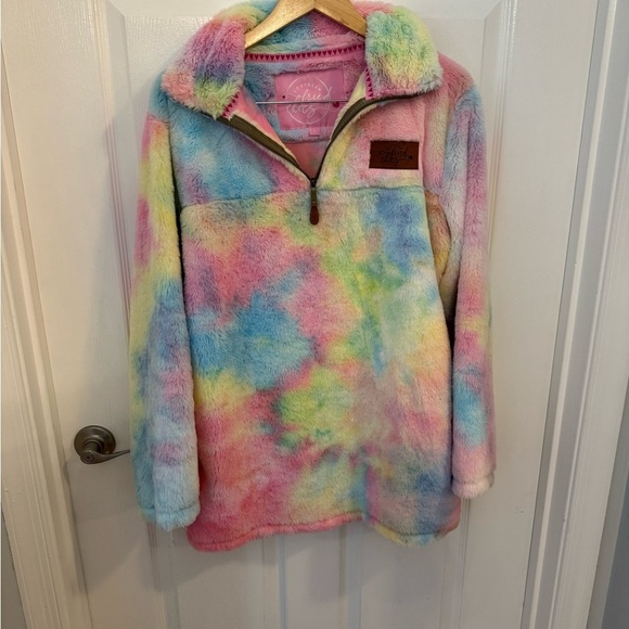 southern fried chics Tops - Cozy Tie-Dye Sherpa Pullover Hoodie - Pastel Rainbow